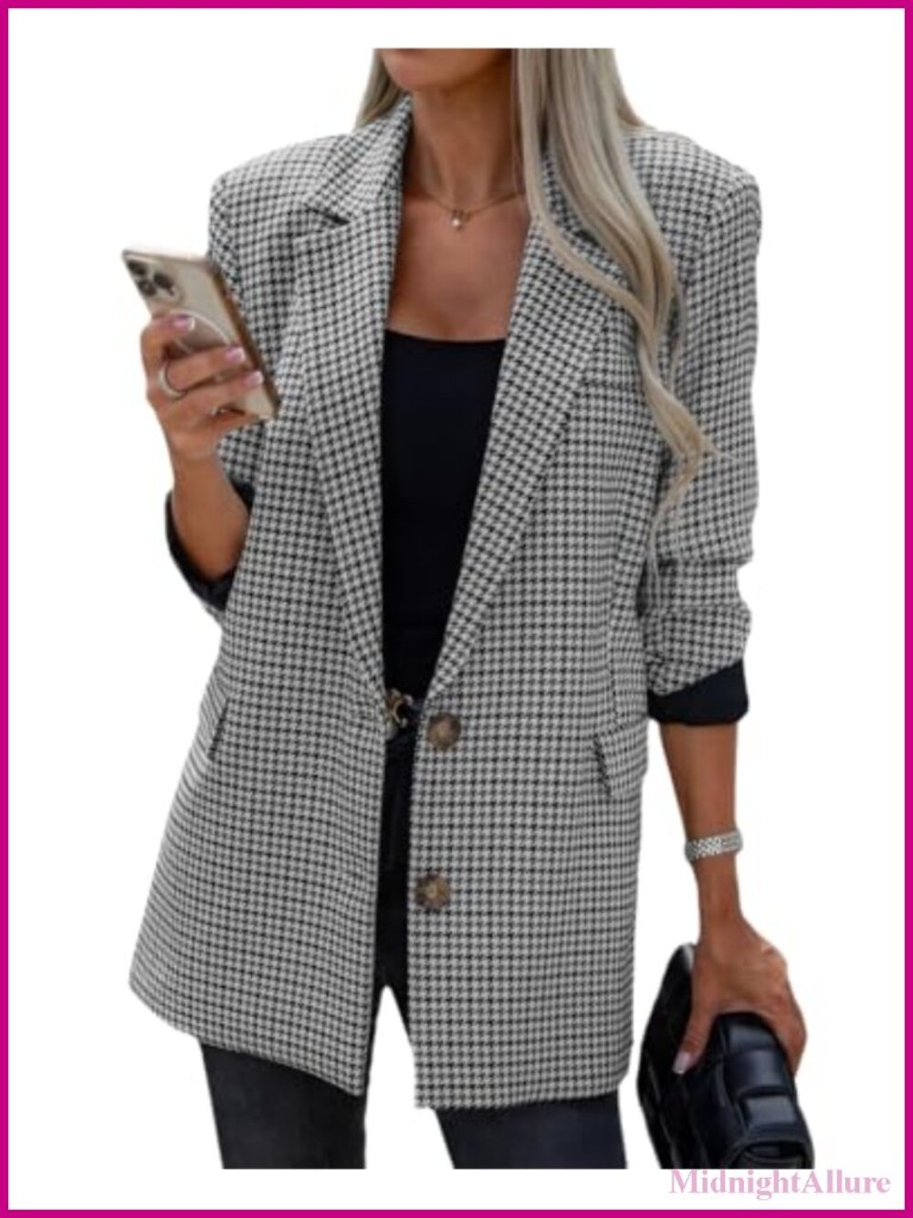 Women's Oversized Plaid Blazer Notch Lapel Button Work Office Jacket